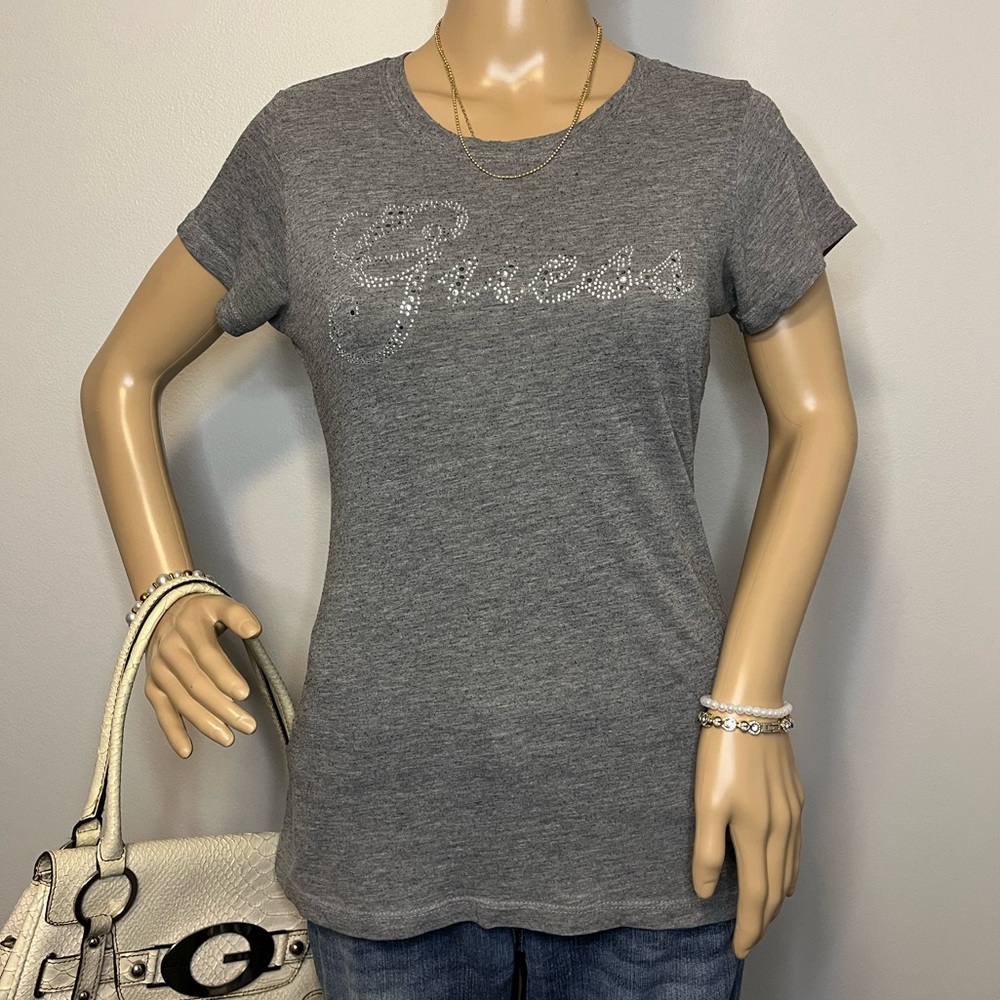 Guess Women's Charcoal Tee with Rhinestone Logo